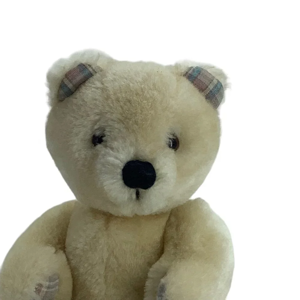 Vtg 1985 Dakin‎ Teddy Bear Plush Stuffed Animal Cream Jointed Plaid Accents 8